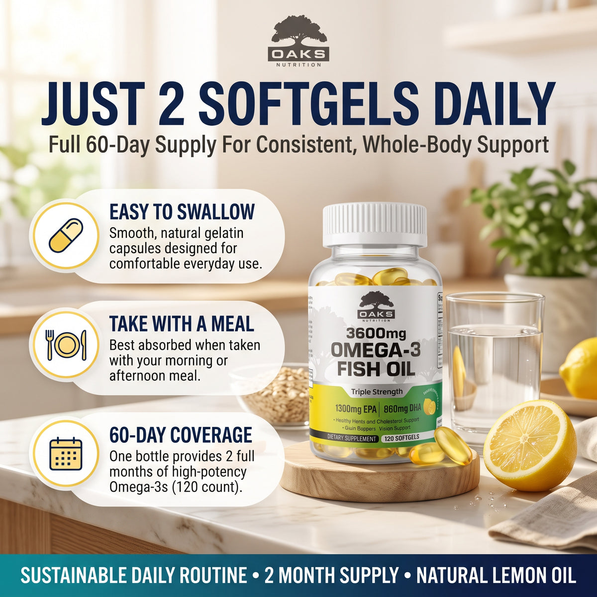Triple Strength Omega-3 Fish Oil – 3600mg with 1300mg EPA & 860mg DHA – 120 Softgels