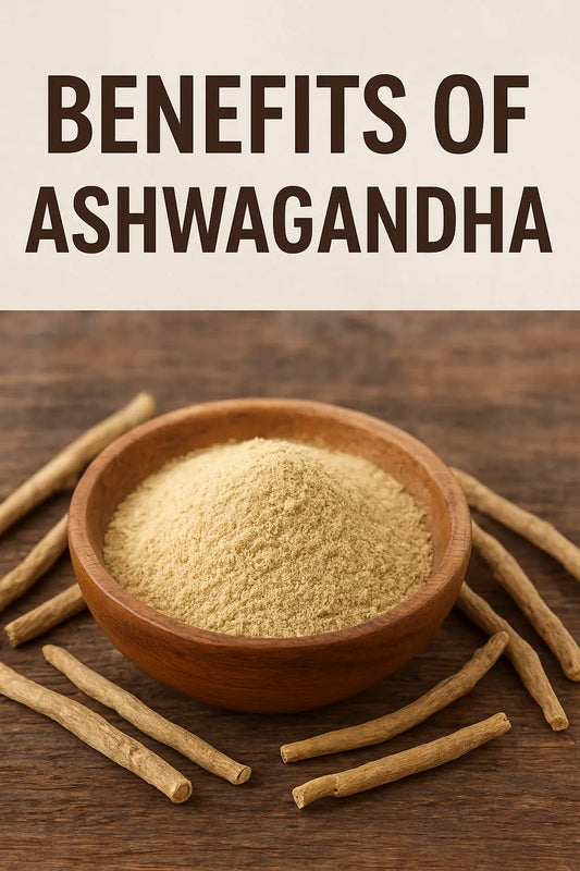 Ashwagandha root and green leaves with wellness icons showing benefits for stress relief, sleep, energy, and immunity
