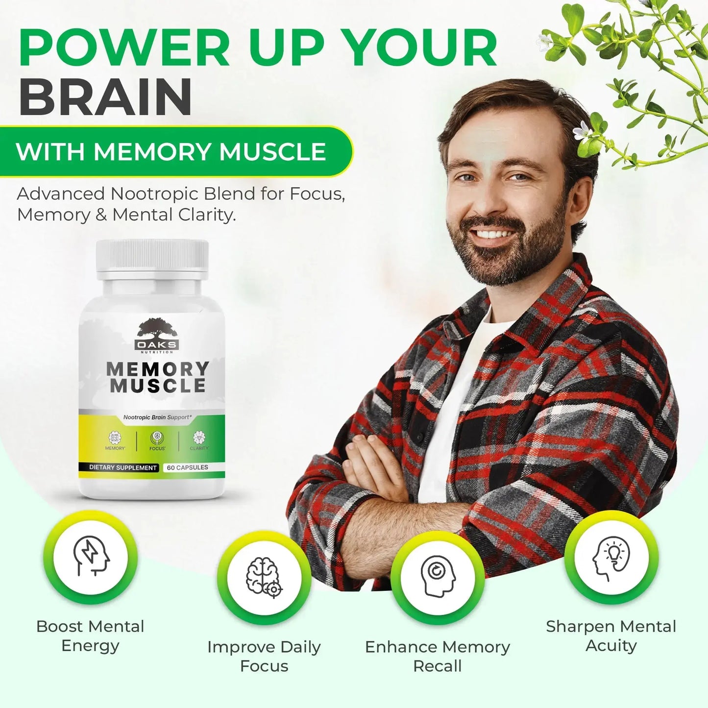 Memory Muscle - Nootropic Memory Support Supplement for Enhanced Focus & Mental Clarity - 60 Count OaksNutrition