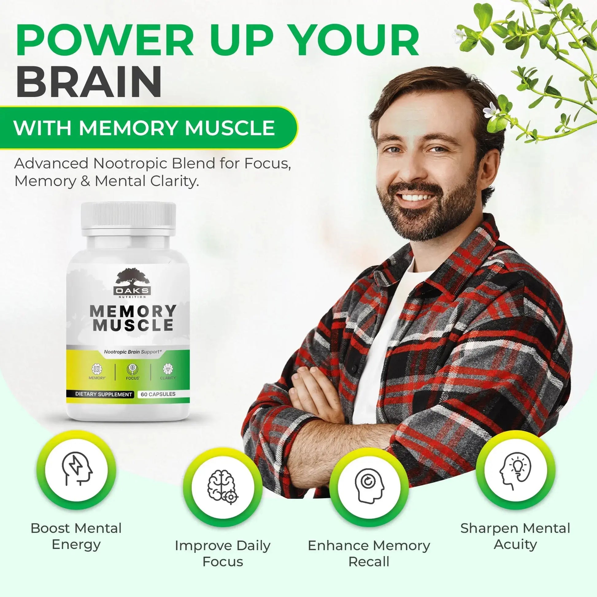 Memory Muscle - Nootropic Memory Support Supplement for Enhanced Focus & Mental Clarity - 60 Count OaksNutrition