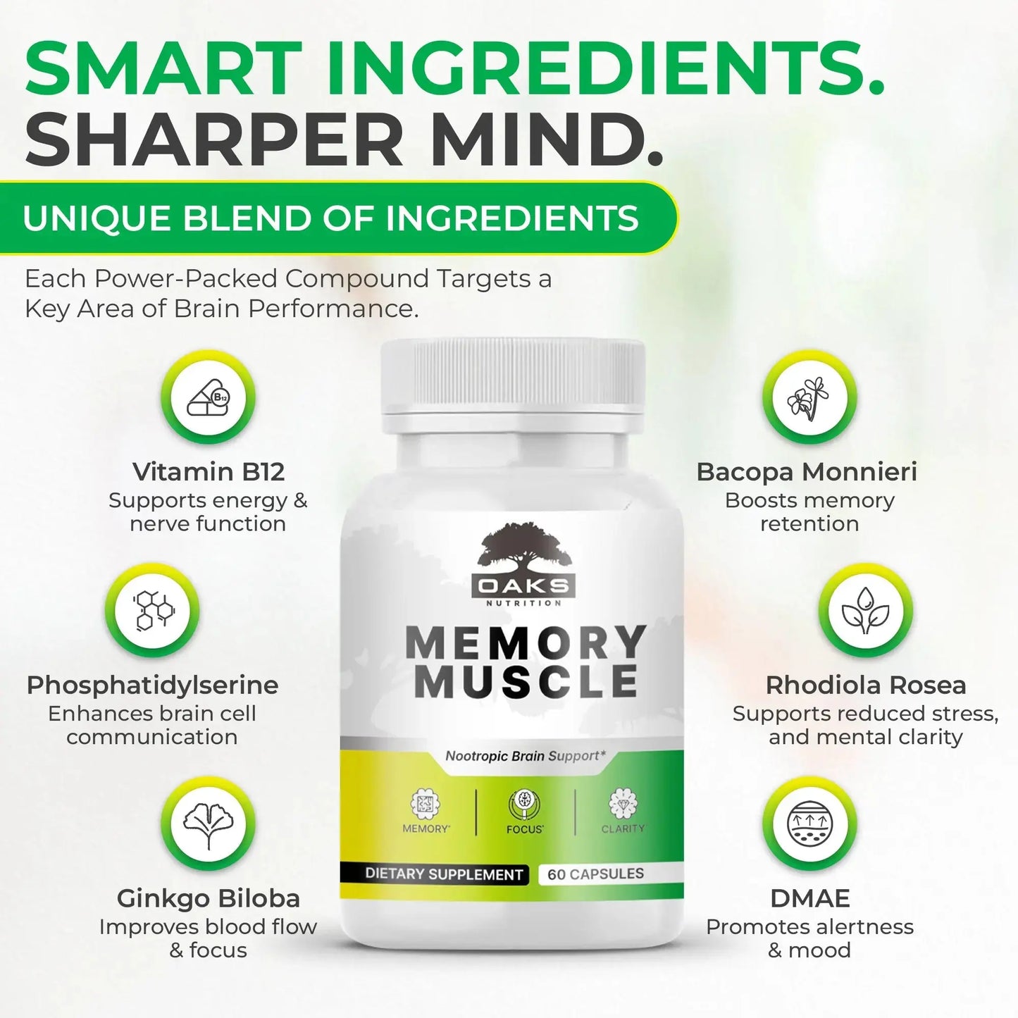 Memory Muscle - Nootropic Memory Support Supplement for Enhanced Focus & Mental Clarity - 60 Count OaksNutrition