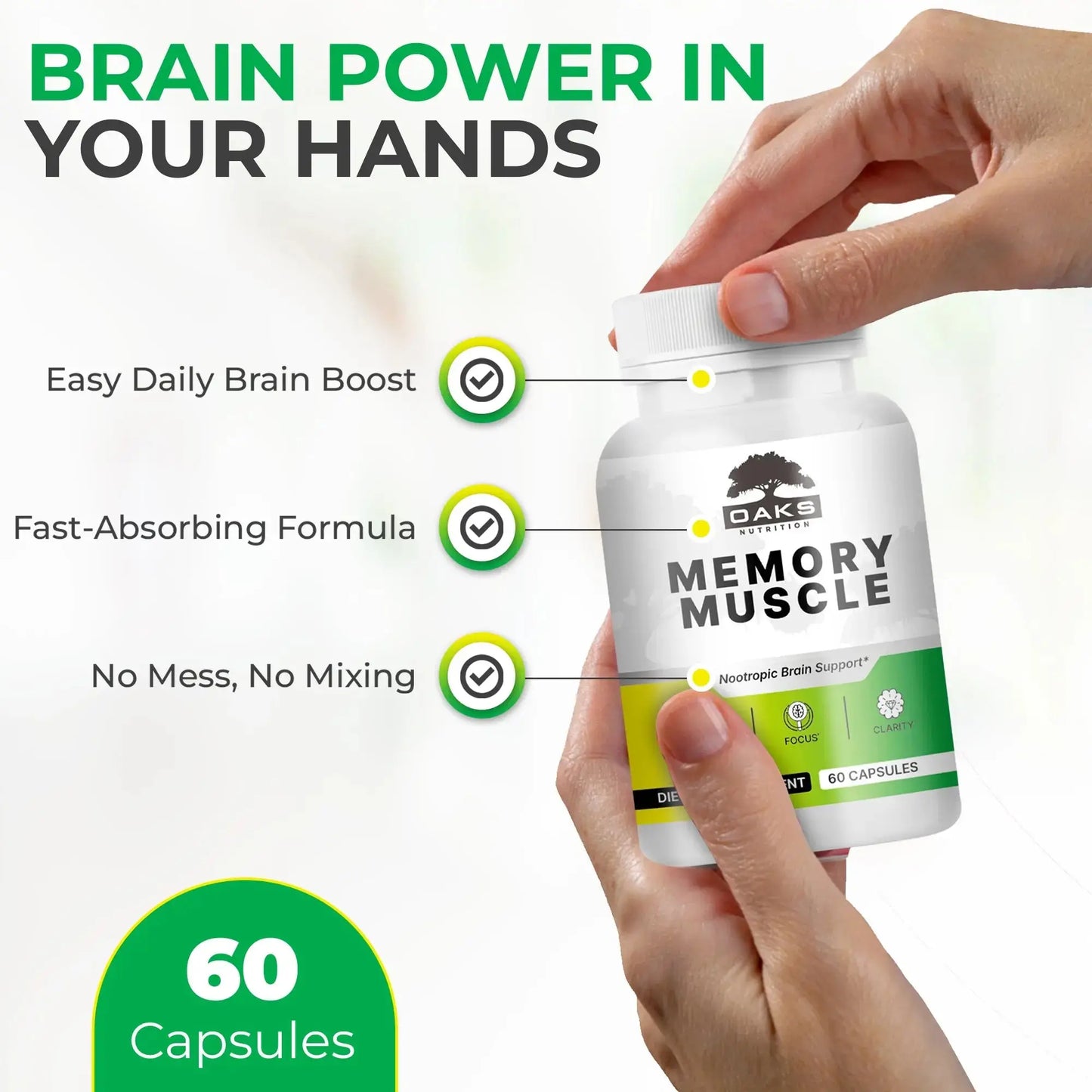Memory Muscle - Nootropic Memory Support Supplement for Enhanced Focus & Mental Clarity - 60 Count OaksNutrition
