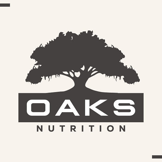 Oaks Nutrition logo with a tree silhouette on a white background