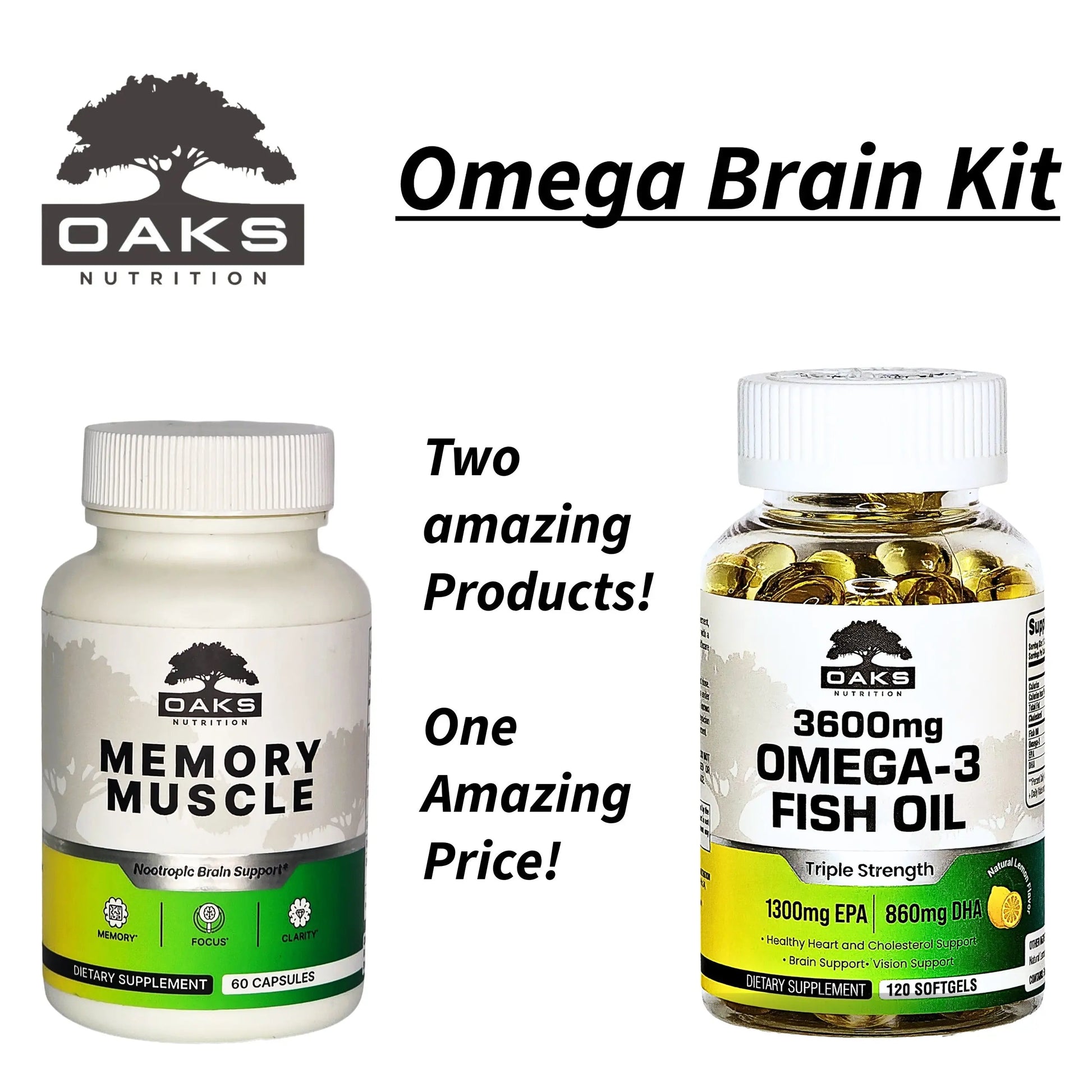Omega Brain Kit – Memory Muscle + Triple Strength Omega-3 Fish Oil Oaks Nutrition